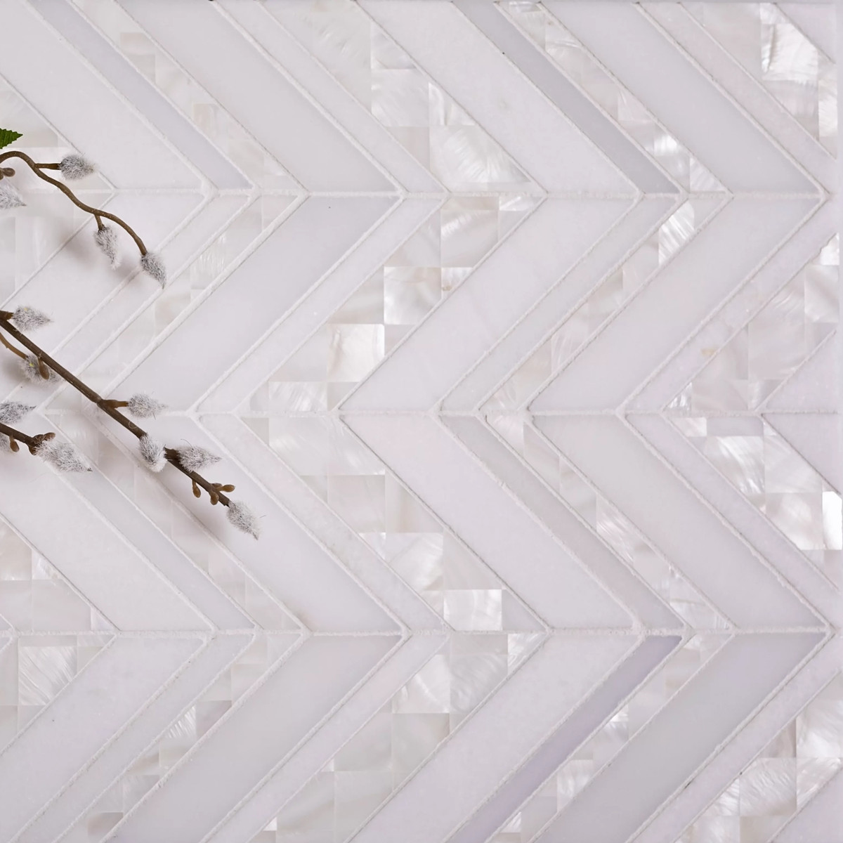 Shell and Thassos White Marble Chevron Mosaic Tile