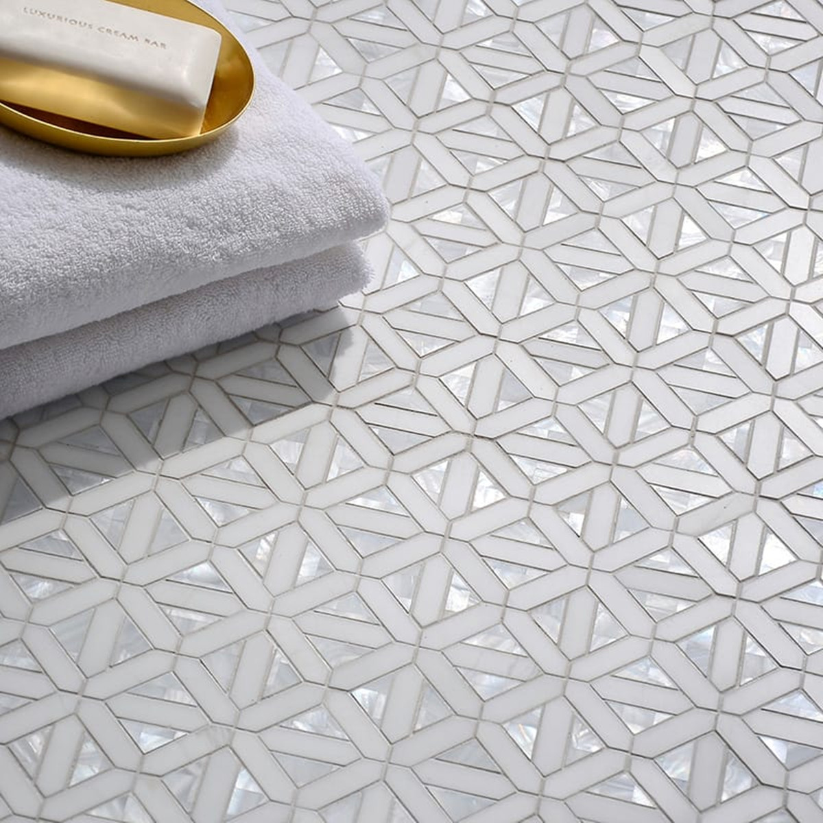 Shell and Thassos White Marble Pinwheel Mosaic Tile